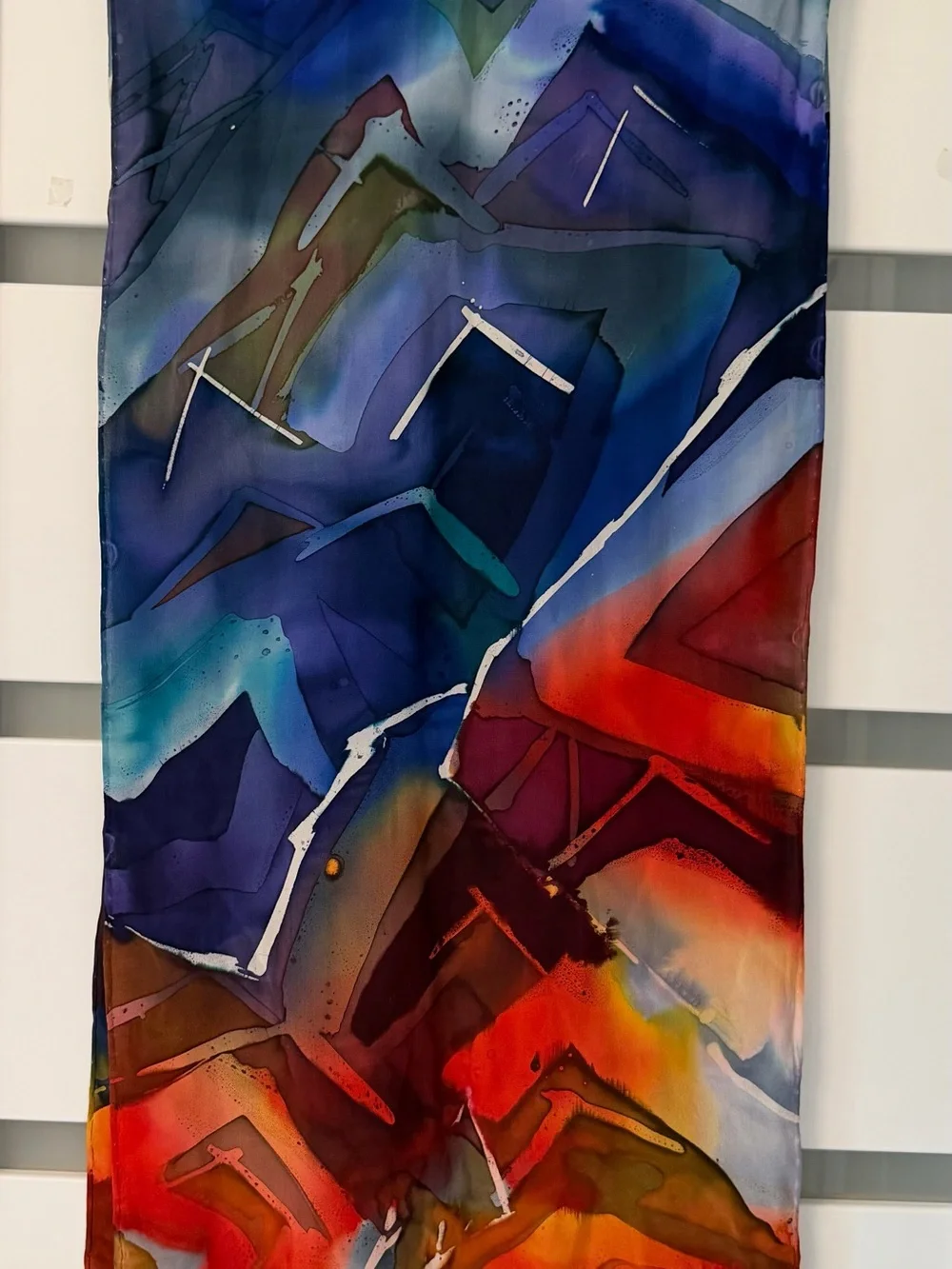 Abstract Mountain Peaks Silk Hand Painted Scarf, Blue, Red, Orange